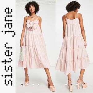 Sister Jane tiered midi cami dress with with big bow in powder pink small